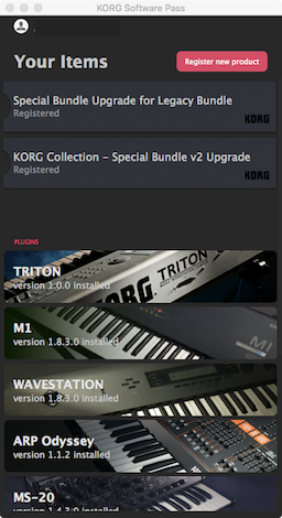 Screenshot of the KORG Software Pass application