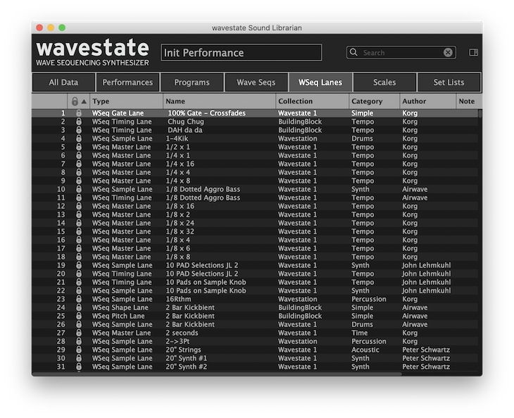 Wave sequence lane presets selected in the KORG wavestate Sound Librarian