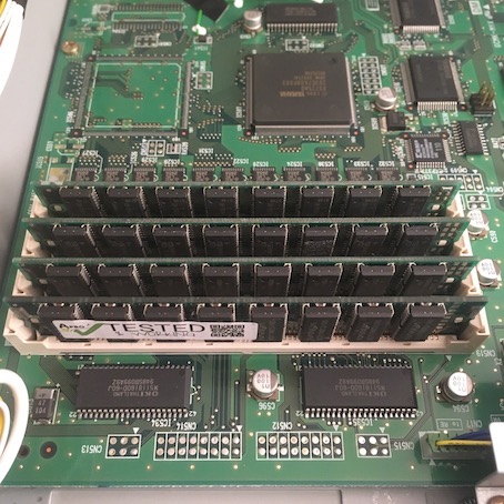 Photo of the insides of a Yamaha A4000 with memory modules installed